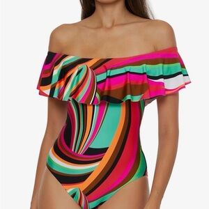 NWT-Trina Turk Womens Monaco One Piece Swimsuit, Off Shoulder, Bathing Suit